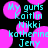 Pixelated cyan text lists names over pink circular shapes on a black background, with no visible motion.