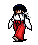 Pixel art character in white top and red pants walking left to right with flowing hair, two distinct poses shown side-by-side.