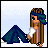 Pixel art contact sheet of a 5-frame animated icon showing a cartoon character with long brown hair and blue headband in various poses across panels, accompanied by text phrases about emotional states.