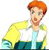 Pixelated image of a person with orange hair wearing a yellow and white shirt and dark blue pants, standing against a white background.