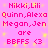 Pixelated pink text on a bright pink background with yellow sparkles, repeating names and 'BBFFS <3' in two identical vertical