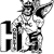 Pixelated black-and-white image of a cartoon character holding a large object, with bold text 'Hi' in the foreground.