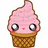 Pixelated pink cupcake with large eyes and a small mouth, brown waffle cone base, and light pink sprinkles on top.