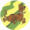 Six circular Scooby-Doo icons with varying backgrounds and poses, including running on grass, stars, clouds, explosions, and a starburst.