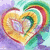 A pixelated heart-shaped icon with overlapping yellow and orange layers, surrounded by a swirling rainbow border on a pastel purple background.