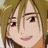 A 48x48 pixel buddy icon featuring a split composition with an anime-style character on the left and text elements on the right against a black background.
