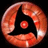 Circular icon with swirling red and orange gradient pattern surrounding a black triangular shape containing a small central red dot.
