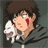 A 4-frame animated contact sheet showing a pixelated anime character with brown hair and glasses holding a white dog, each frame displaying subtle pose changes against a gray background.