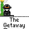 Animated contact sheet showing 13 sequential frames of a pixel art character in a fedora and suit interacting with vehicles against a gray background, with repeated text "The Getaway" below each frame.