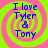 Four identical display blue text "I love Tyler & Tony" over a pink and green spiral background with pixelated edges