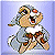 Pixelated character with light brown hair, large eyes, and a white top, holding a brown object against a light blue background.