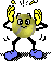 Pixelated yellow tennis ball character with black limbs, blue shoes, and antennae, shown in two poses with motion lines and yellow sparkles above its head.