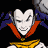 Pixelated character with white face, black hair, red collar, and yellow chest piece in multiple poses holding playing cards.