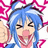 Pixelated anime-style character with blue hair and closed eyes, mouth open in a shout or laugh, surrounded by pink starburst shapes on white background.