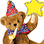 Brown teddy bear wearing a multicolored party hat and blue-red checkered scarf holds up a yellow star against white background with green text reading Original Icons .com.