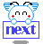 Pixel art buddy icon showing a white cartoon character with blue ears and red cheeks holding a sign that reads "next" in two different animation frames.