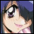 Anime-style character face with large purple eyes and brown hair, next to pixelated text on a black background.