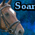 Pixelated image of a horse's head with blue background and partial text 'Soar' in blocky font.
