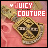Animated sequence of a pink background with gold and black patterned object, text 'JUICY COUTURE' in red pixelated font at top left.