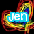A colorful animated icon with the name 'Jen' in blue text over a swirling rainbow background, transitioning to black-and-white text on black and pink text on a of colored squares