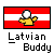 Static pixel art icon with red and white striped background, yellow cartoon figure holding white ball, and text reading "Latvian Buddy" below.