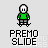 Pixel art character in green shirt and gray pants performing skateboard tricks on brown platforms with 'PREMO SLIDE' text below each frame.