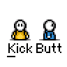 Animated contact sheet of 20 pixel art frames showing two stick figures performing a kicking motion sequence with changing facial expressions and body positions, labeled "Kick Butt" beneath each frame.