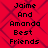 Red background with dark purple geometric pattern and repeated black pixelated text reading "Jaime And Amanda Best Friends" in two vertical