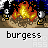 Pixelated cartoon characters with black hair and white eyes stand on brown ground near a yellow-orange fire, with text below reading 'burgess' in lowercase.