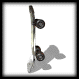 A skateboard with black wheels and orange axles rotates through multiple angles against a white background, showing side views, top-down perspectives, and one frame with glowing light on the deck.