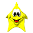 Yellow star-shaped character with white eyes and red mouth in various poses against gray background.