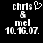 Black background with white pixelated text reading 'chris & mel 10.16.07.' on the left and right sides, the left side featuring a heart symbol above 'chris'.