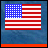 American flag icon with red, white, and blue colors on a blue textured background, featuring animated orange pixel fragments moving across the bottom.