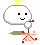 Pixelated white cloud-shaped avatar with black square eyes and a curved smile, holding a red-tipped object, emitting colorful pixel bursts from a central point.