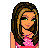 Pixel art contact sheet showing a female character in multiple poses with pink top and blue pants, plus name label on cyan background.