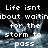 Pixelated text overlays a dark background with light streaks, presenting a motivational quote about dancing in the rain.