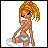 Pixel art character with orange-blonde hair in a high ponytail, wearing gray shorts and a silver top, seated on a white circular object with changing poses and expressions.