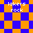 Pixelated orange and blue checkered pattern with white text reading 'lakers rock' in four positions, transitioning from square to diamond