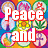 circular icons with floral and peace symbols overlaid by text reading Peace Love and Need Is, next to a black with yellow and purple pixelated text All You The Beatles