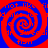 Four red spirals on blue background with faint pixelated text fragments scattered across the image.