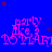 Blue background with repeating pink text 'party like a' and 'TOY STORY' in pixelated font, scattered dark red stars.
