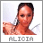Pixelated image of a person with dark hair tied back, wearing a light-colored top, with the name ALICIA displayed below in blocky text.