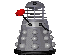 A silver, cone-shaped robot with segmented body and circular protrusions holds a red plunger-like object in its arm, shown in multiple poses against a gray background.