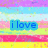 Pixelated text in blue letters on a striped background with horizontal bands of pink, light blue, yellow, and white.