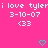 A bright pink background displays repeated text 'i love tyleri' with date '3-10-07' and '<33' below, accompanied by cyan heart symbols that change position across frames.
