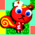 Red cartoon animal with large blue eyes, yellow spiral tail, and white bone on head stands on green grass against pastel background.