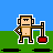 Pixel-art character repeatedly digs with a shovel, interacting with red buckets and brown mounds on green grass under blue sky, while speech bubbles display evolving text fragments.