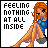 Pixel art contact sheet showing five frames of an animated icon featuring a cartoon woman with orange hair and blue top in various poses, each frame displaying the text "FEELING NOTHING AT ALL INSIDE".