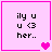Pixelated pink square with black text and animated heart symbols in four quadrants.