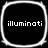 Four identical black square icons with rounded corners, each containing the text 'illuminati' in white pixelated font and a glowing white border.
